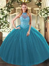 Halter Top Sleeveless Tulle 15 Quinceanera Dress Beading and Embroidery Lace Up