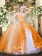 High End Orange Ball Gowns Sweetheart Sleeveless Tulle Floor Length Zipper Beading and Lace and Ruffles Quince Ball Gowns
