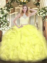 Custom Designed Yellow Scoop Zipper Lace and Ruffles Quince Ball Gowns Sleeveless