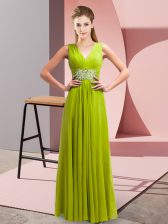 Superior Yellow Green Empire Chiffon V-neck Sleeveless Beading Floor Length Lace Up Prom Dresses