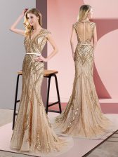  Champagne Sleeveless Floor Length Beading and Belt Zipper Dress for Prom