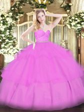 Low Price Lilac Tulle Zipper Sweetheart Sleeveless Floor Length Sweet 16 Dress Beading and Lace and Ruffled Layers