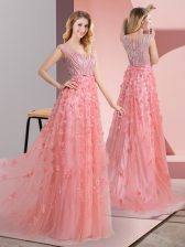  Tulle V-neck Sleeveless Sweep Train Zipper Beading and Appliques Evening Dress in Pink 