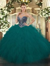 Glamorous Floor Length Lace Up Vestidos de Quinceanera Teal for Military Ball and Sweet 16 and Quinceanera with Beading and Ruffles
