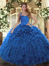  Floor Length Blue Sweet 16 Dresses Halter Top Sleeveless Lace Up
