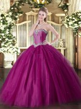  Fuchsia Sleeveless Floor Length Beading Lace Up Vestidos de Quinceanera