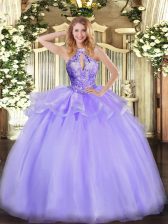 Captivating Lavender Halter Top Neckline Beading Quinceanera Gown Sleeveless Lace Up