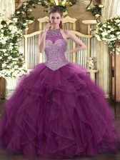  Halter Top Sleeveless Lace Up Quinceanera Dress Burgundy Tulle