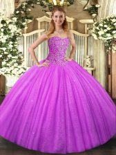 Inexpensive Lilac Sleeveless Floor Length Beading Lace Up Quinceanera Gown