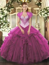Custom Designed Sweetheart Sleeveless Quinceanera Dress Floor Length Beading Fuchsia Tulle