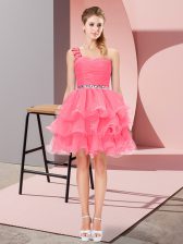 Vintage Sleeveless Organza Mini Length Lace Up Dress for Prom in Watermelon Red with Beading and Ruffled Layers