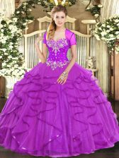 On Sale Sleeveless Floor Length Beading and Ruffles Lace Up Quinceanera Dress with Fuchsia