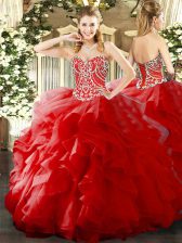 Pretty Floor Length Lace Up Ball Gown Prom Dress Red for Military Ball and Sweet 16 and Quinceanera with Beading and Ruffles