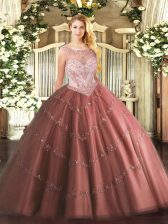 Low Price Floor Length Brown Quinceanera Dress Tulle Sleeveless Beading and Appliques