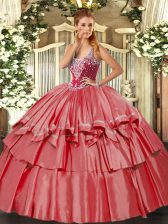 Deluxe Coral Red Ball Gowns Beading and Ruffled Layers 15 Quinceanera Dress Lace Up Organza and Taffeta Sleeveless Floor Length