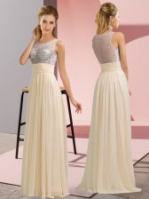 Delicate Champagne Empire Chiffon Scoop Sleeveless Beading Floor Length Side Zipper Prom Party Dress