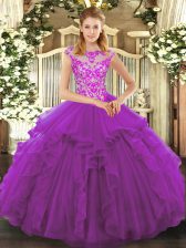  Floor Length Purple Quince Ball Gowns Organza Cap Sleeves Beading and Ruffles