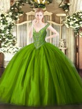 Super Green Quinceanera Gowns Military Ball and Sweet 16 and Quinceanera with Beading V-neck Sleeveless Lace Up