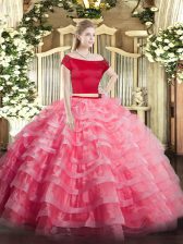 Beauteous Watermelon Red Two Pieces Tulle Off The Shoulder Short Sleeves Appliques and Ruffled Layers Floor Length Zipper Sweet 16 Quinceanera Dress