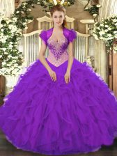  Purple Organza Lace Up V-neck Sleeveless Floor Length Vestidos de Quinceanera Beading and Ruffles