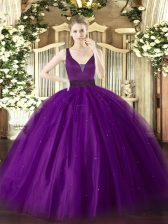 Latest Tulle Sleeveless Floor Length Sweet 16 Quinceanera Dress and Beading