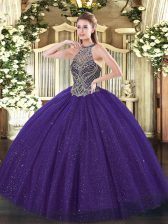 Purple Ball Gowns Tulle Halter Top Sleeveless Beading Floor Length Lace Up Ball Gown Prom Dress