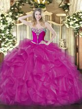 Glittering Beading and Ruffles Sweet 16 Quinceanera Dress Fuchsia Lace Up Sleeveless Floor Length