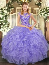  Ball Gowns Sweet 16 Dress Lavender Scoop Organza Cap Sleeves Floor Length Lace Up