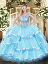  Aqua Blue Sweet 16 Quinceanera Dress Military Ball and Sweet 16 and Quinceanera with Beading and Ruffled Layers Scoop Sleeveless Lace Up