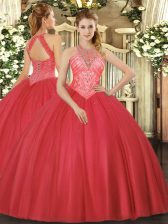 Fancy Ball Gowns Quinceanera Dress Red High-neck Tulle Sleeveless Floor Length Lace Up