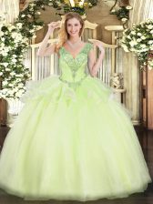  Sleeveless Floor Length Beading Lace Up Quinceanera Dresses with Yellow Green