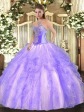 Amazing Lavender Tulle Lace Up 15th Birthday Dress Sleeveless Floor Length Beading and Ruffles