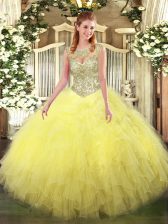 Luxury Floor Length Yellow Quinceanera Dress Scoop Sleeveless Lace Up