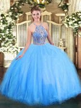  Blue Sleeveless Floor Length Beading Lace Up Sweet 16 Dresses
