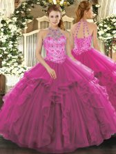  Organza Halter Top Sleeveless Lace Up Beading Quinceanera Dress in Fuchsia