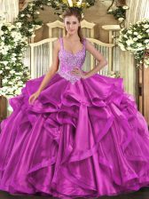 Cute Fuchsia Lace Up Ball Gown Prom Dress Beading and Ruffles Sleeveless Floor Length
