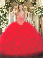 Elegant Sleeveless Floor Length Beading and Ruffles Lace Up 15 Quinceanera Dress with Red