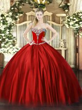 Inexpensive Sleeveless Floor Length Beading Lace Up Quinceanera Gowns with Wine Red