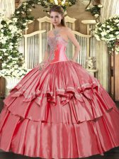  Organza and Taffeta Sweetheart Sleeveless Lace Up Beading and Ruffled Layers 15 Quinceanera Dress in Coral Red