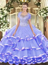  Lavender Clasp Handle Scoop Beading and Ruffled Layers Quinceanera Gown Lace Sleeveless