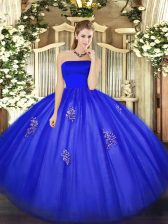  Blue Strapless Zipper Appliques Ball Gown Prom Dress Sleeveless