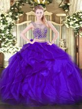 Flare Purple Sleeveless Beading and Ruffles Floor Length Quinceanera Gown