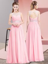 Glittering Chiffon Scoop Sleeveless Lace Up Beading Prom Dresses in Pink 