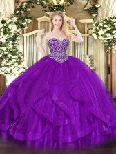  Eggplant Purple Tulle Lace Up Quinceanera Gown Sleeveless Floor Length Ruffles