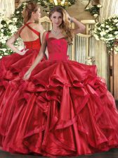 Flirting Wine Red Halter Top Lace Up Ruffles Sweet 16 Dresses Sleeveless