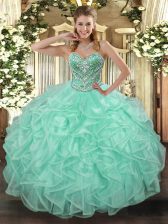  Apple Green Ball Gowns Beading and Ruffles Ball Gown Prom Dress Lace Up Tulle Sleeveless Floor Length