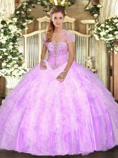  Ball Gowns Quince Ball Gowns Lilac Strapless Tulle Sleeveless Floor Length Lace Up