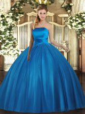 Nice Baby Blue Ball Gowns Tulle Strapless Sleeveless Ruching Floor Length Lace Up Sweet 16 Quinceanera Dress