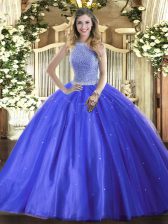 High Class High-neck Sleeveless Tulle Sweet 16 Dress Beading Lace Up