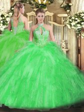  Sleeveless Organza Floor Length Lace Up Quinceanera Gown in with Beading and Ruffles